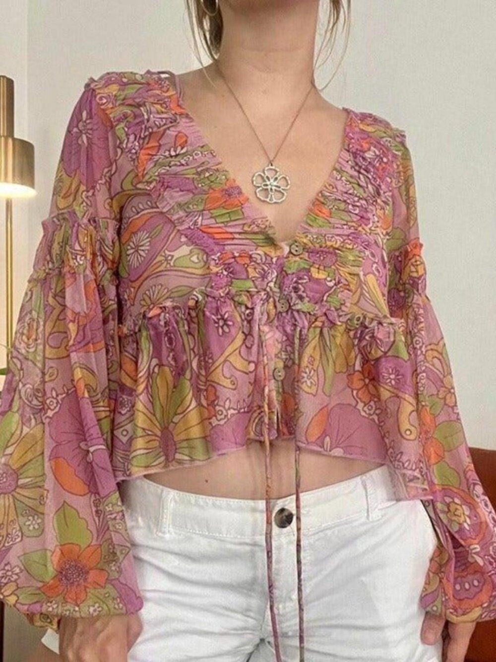 Free People Pink Green Yellow Floral Mesh Blouse S